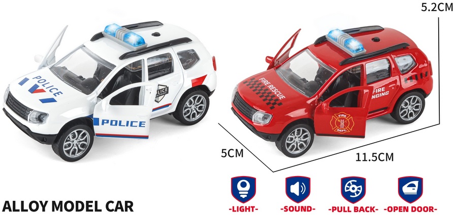 Метален Джип Полиция и Пожарна светлина и звук 13х6х15 мащаб 1:38